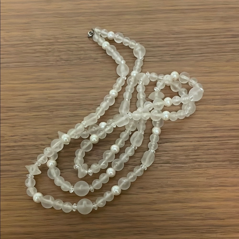 Vintage White Beaded Long Statement Necklace, Iridescent & Faux Pearl Beads